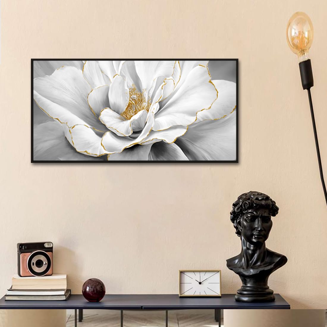 Woxfcart Framed Peony Floral Wall Art, Black and White Dahlias Flower With Gold Accents Print Canvas Artwork for Gray Living Room Bedroom Office Decor, 48 x 24 Inch