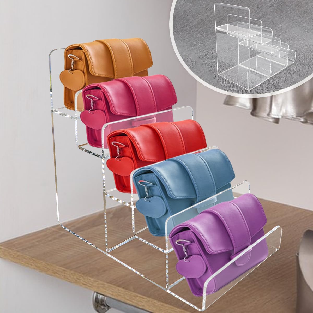 LNQ LUNIQI Acrylic Wallet Display Stand Holder 5-Tier Clear Riser Display Shelf Handbag Display Stand Holder Purse Stand Jewelry Display For Phone,Greeting Cards,Business Cards