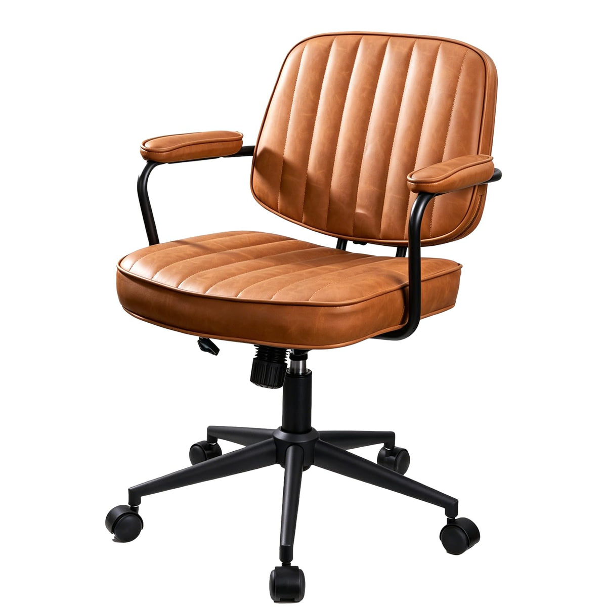 Artswish Mid Century Office Chair, Faux Leather Ergonomic Desk Chair with Arms, 360° Swivel Height Adjustable Computer Chair, Retro Home Office Task Chair with Wheels, Brown
