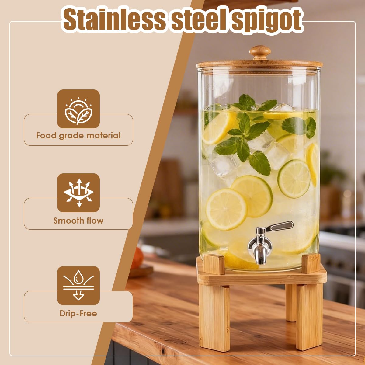 2.3 Gallon Large Glass Drink Dispenser for Parties, Glass Beverage Dispenser with Wood Stand, Juice & Lemonade Dispenser, Iced Beverage Dispenser with Spigot, Water Dispenser for Party with lid