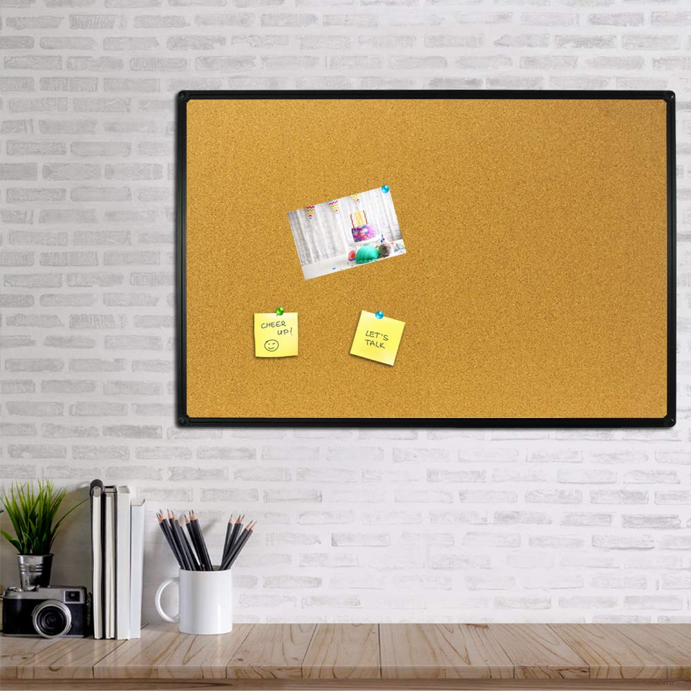 JILoffice Corkboard Bulletin Board 36 x 24 Notice Board, Black Aluminum Frame Wall Mounted Board for Office Home and School with 10 Push Pins