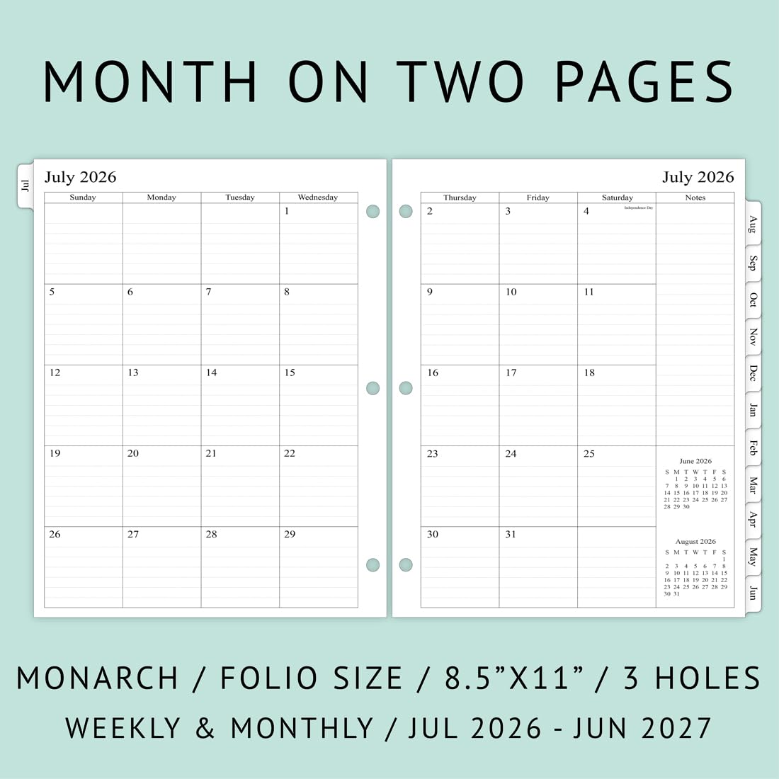 newestor 2026-2027 Weekly Planner Refills for 3-Ring Binder with Monthly Tabs, Jul 2026 - Jun 2027, 8-1/2" x 11", Folio Size 5 / Monarch