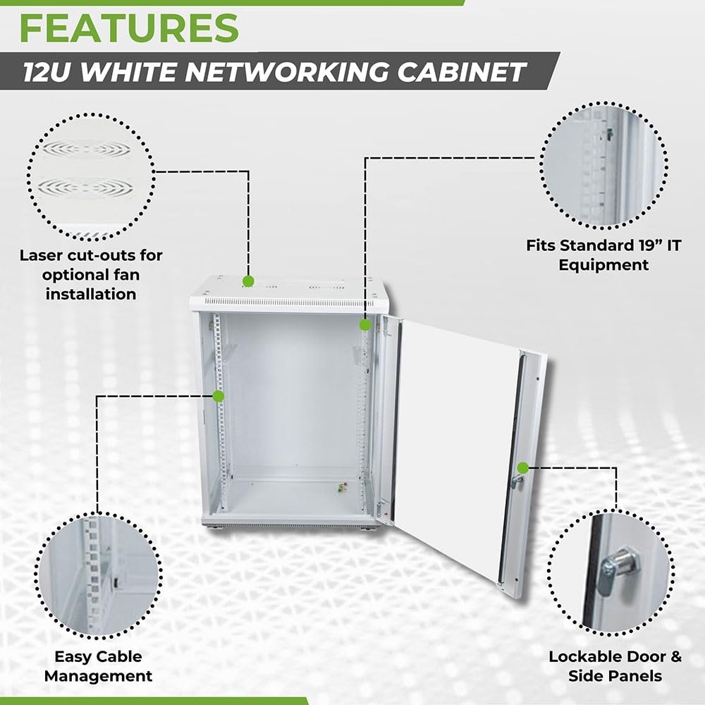 NavePoint 12U Network Cabinet with Glass Door – 12U Wall Mount Server Cabinet White 19” Rack for IT Equipment, AV Devices, Networking Equipment –23” Deep Server Rack Enclosure