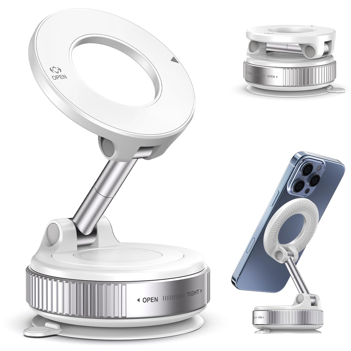 Jikasho Vacuum Magnetic Car Phone Holder for Magsafe, Hands-Free 360° Adjustable Suction Cup Phone Mount for Car/Gym/Mirror/Smooth Surface, Compatible with iPhone & Android (White)