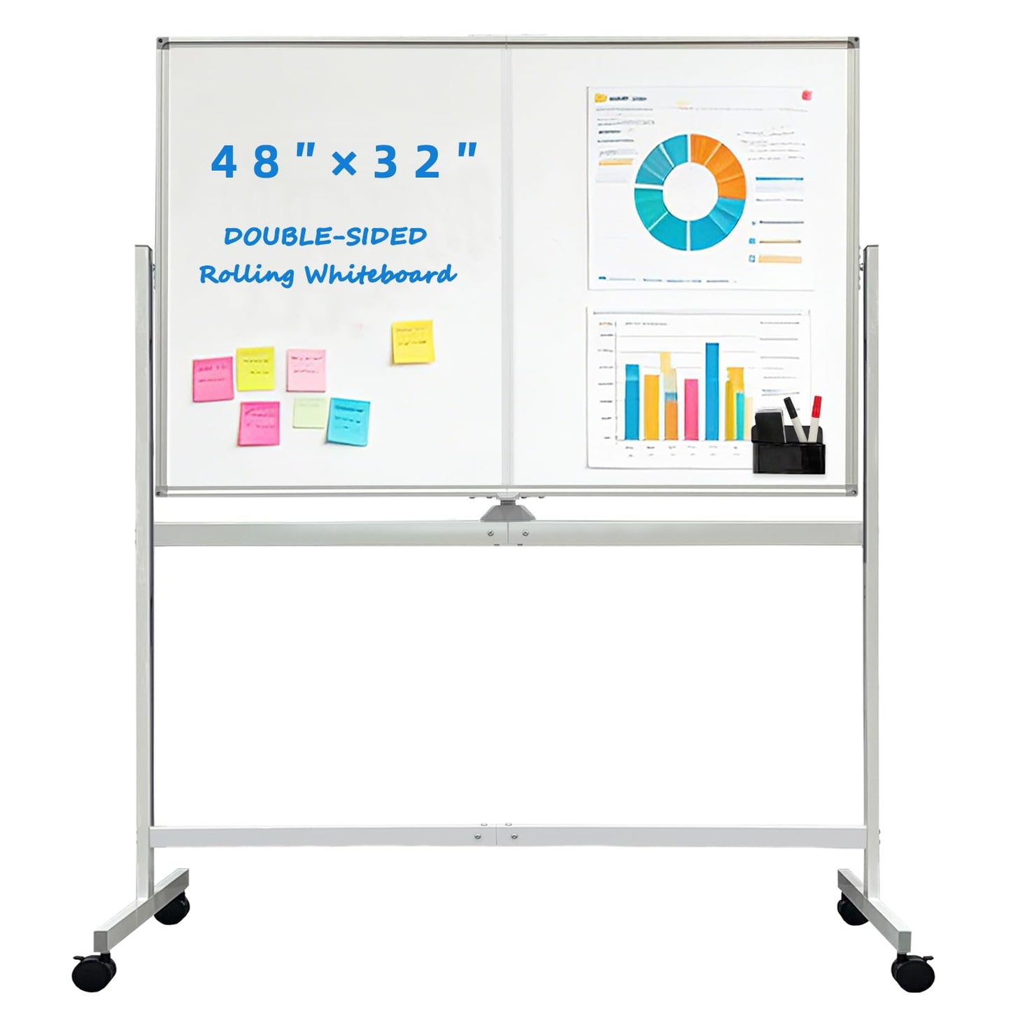 BIBOC Rolling Stand White Board 32×48 Inches, Double Sided Mobile Dry Erase Board with Aluminum Frame, 360 Rotating for Home Office Classroom
