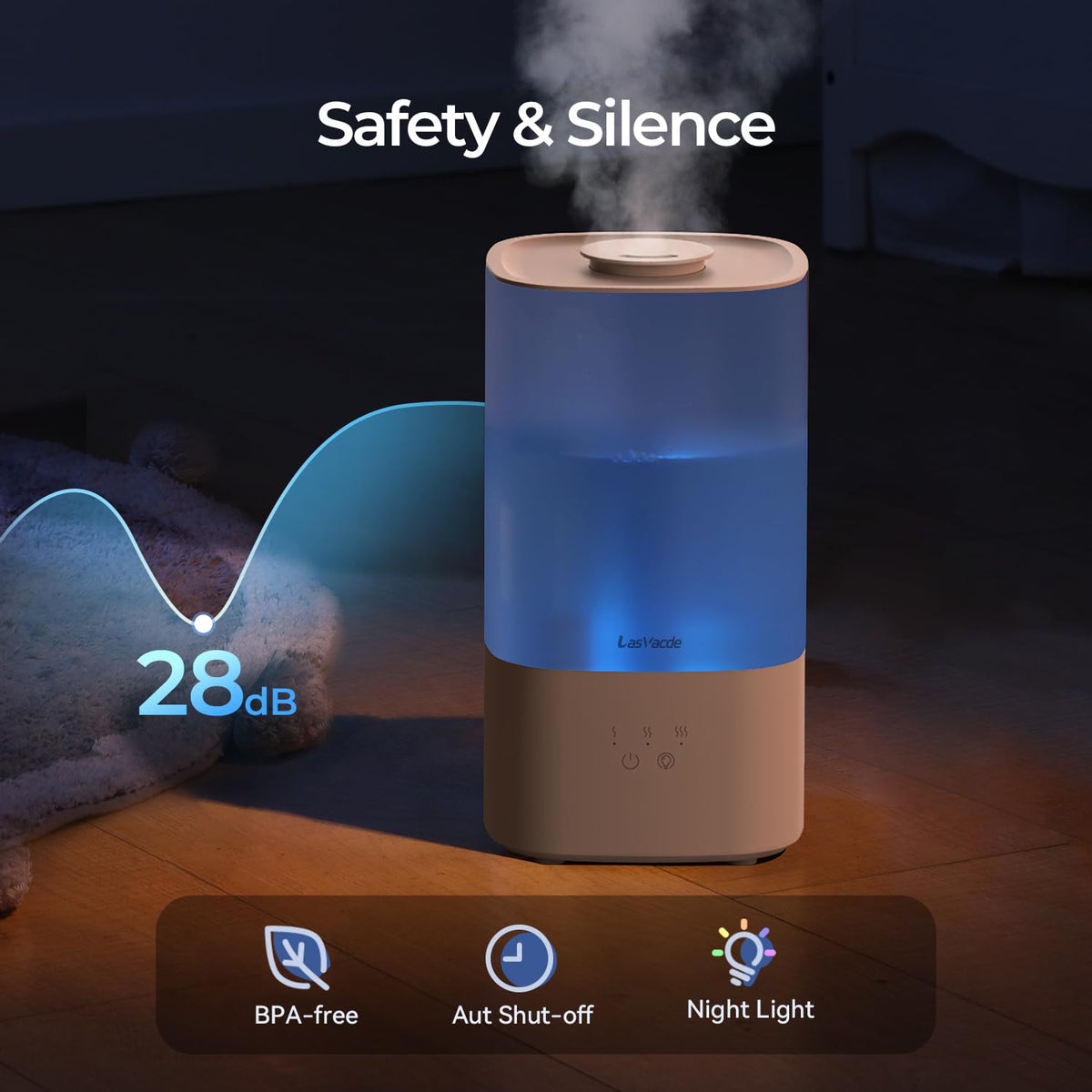 LasVacde 2.5L Humidifiers for Bedroom, Top Fill Cool Mist Humidifiers for Large Room, Easy to Fill & Clean, 30H Runtime, 28dB Quiet Air Humidifier for Plants, Baby Nursery with Night Light