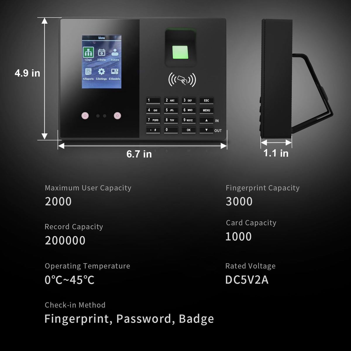 JIAN BOLAND Employee Time Clock, Fingerprint Badge Attendance Machine, 0 Monthly Fee Office Punch Clock for Small Business, 5 Badges Included - T200