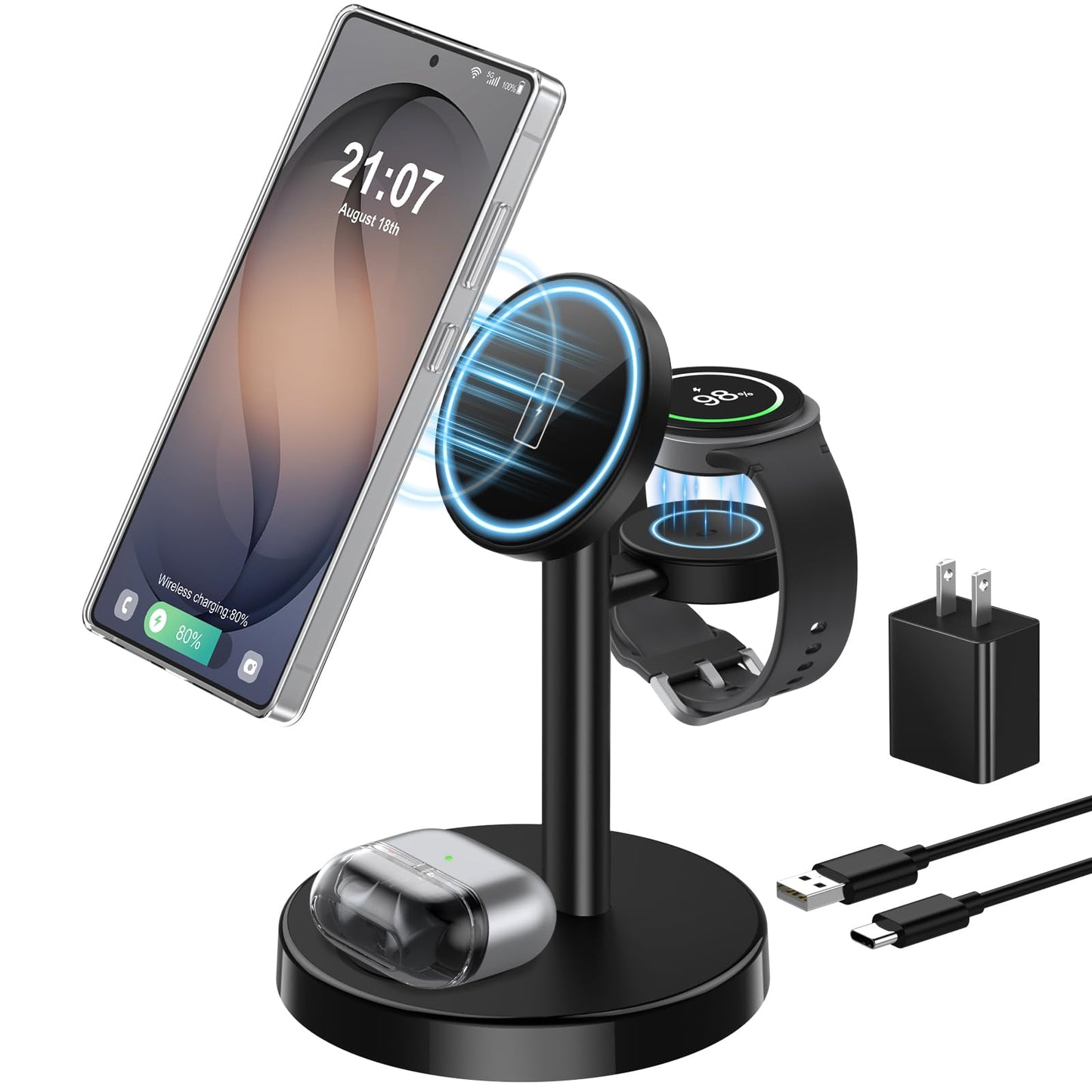 Magnetic Wireless Charger for Samsung, 3 in 1 Super Fast Charging Station Compatible with MagSafe, Phone Charger Stand for Samsung Galaxy S26 Ultra S25 Z Fold/Flip 7, Watch Ultra 8 7 6, Buds 4/3 Pro