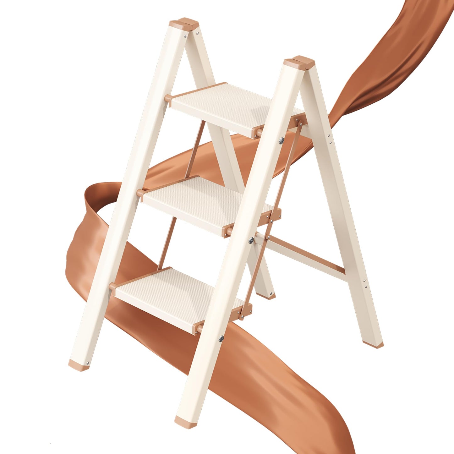 GameGem 3 Step Ladder, Folding Step Stool with Wider Pedal, Anti-Slip Feet & Non Slip Stripes, Aluminum Sturdy Material, 300Lbs Capacity, Elegant Look of Cream Chocolate Better Matches Your Home