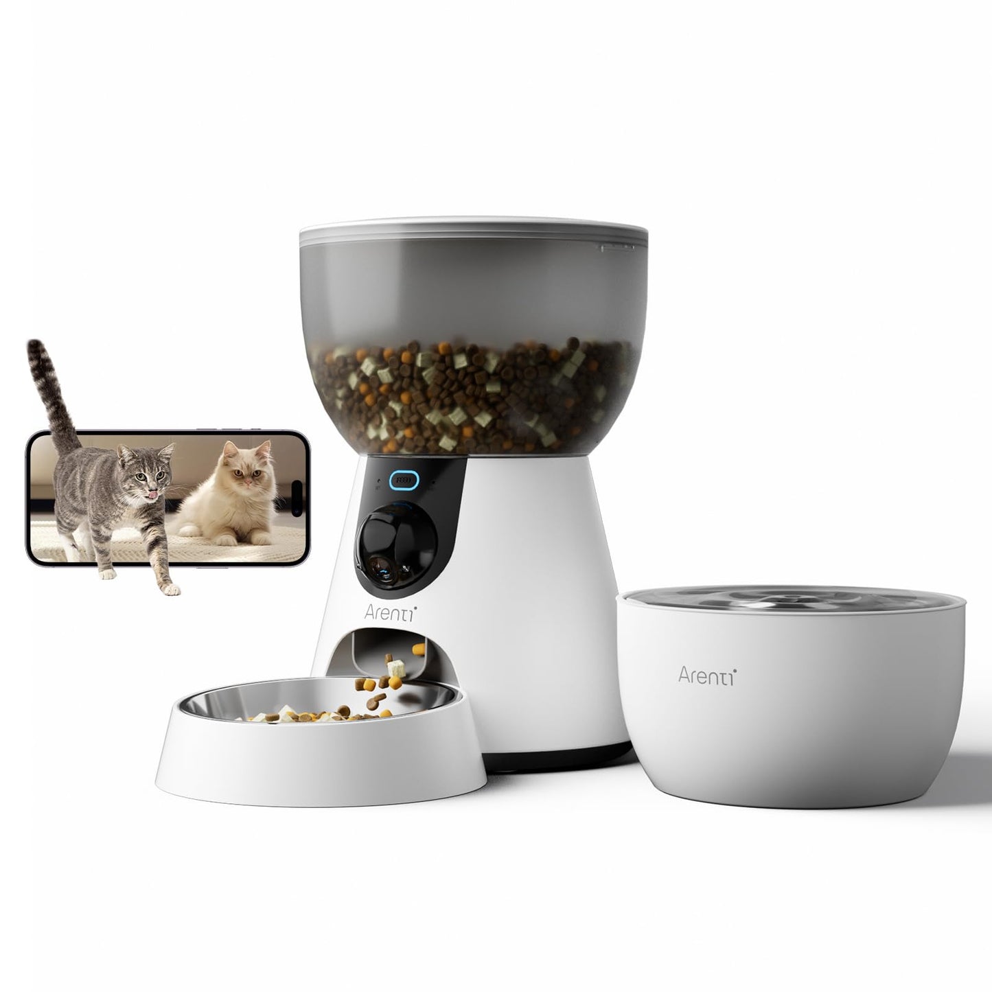 ARENTI Smart Automatic Cat Feeder and Water Fountain, 4L Pet Feeder Cat Food Dispenser with Camera, Dual Power, App Control, Live View & Night Vision, Meal Call, Hygienic Water Flow, Desiccant Bag