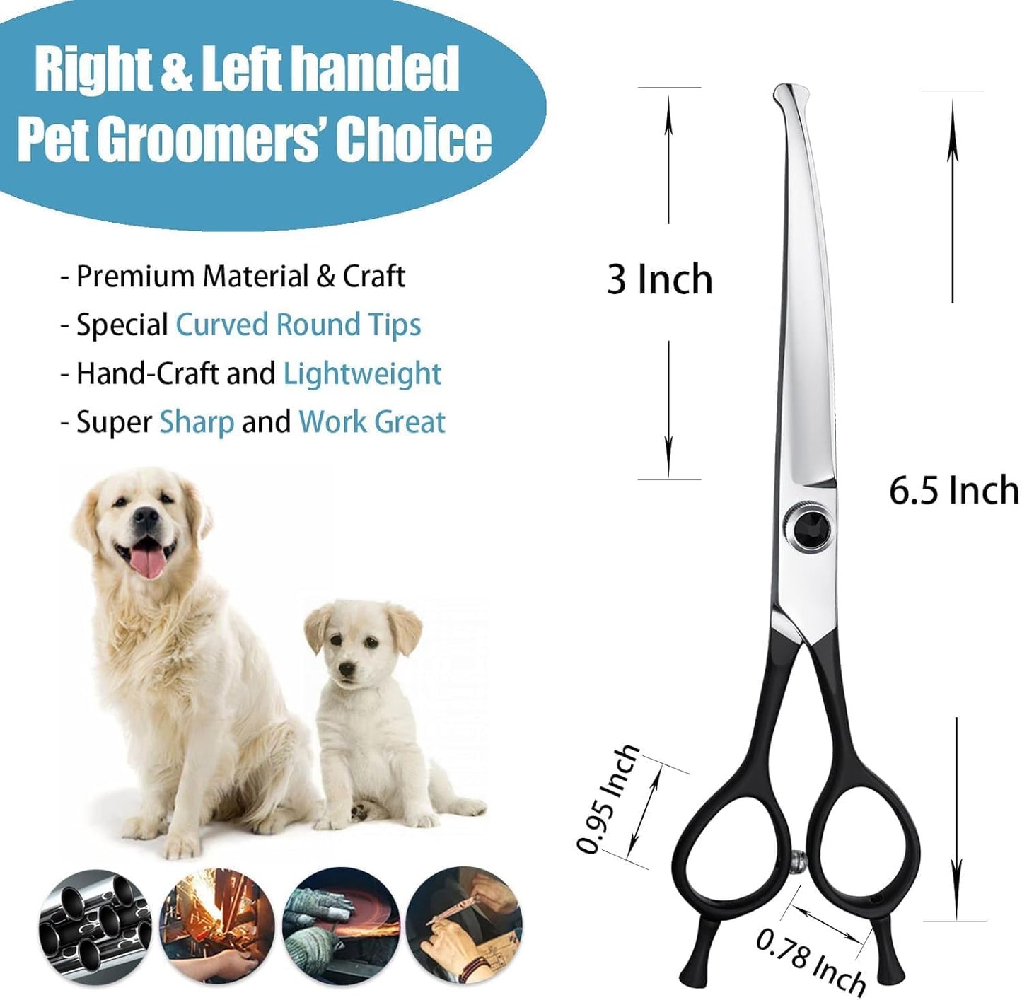 Dream Reach Round Dog Grooming Scissors - Downward Curved Dog Shears for Trimming Face and Paws, Safety Round Tip Shears for Pet Cats, Professional Pet Grooming Scissors Black 6.5"