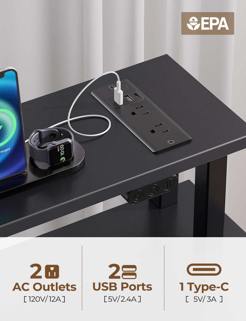 Seventable Computer Desk with Power Outlets & LED Light, 47 inch Home Office Desk with 5 Drawers, Writing Desk with Monitor Stand, Work Desk for Home Office, Black
