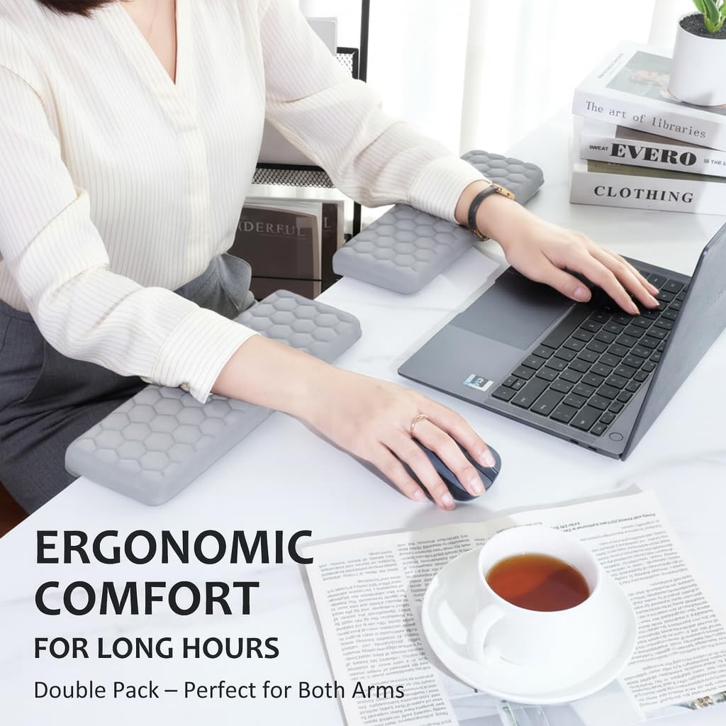 2Pcs L-Shaped Desk Edge Rest Set - Ergonomic Memory Foam Support for Wrist, Forearm & Elbow Comfort - Non-Slip, Grey
