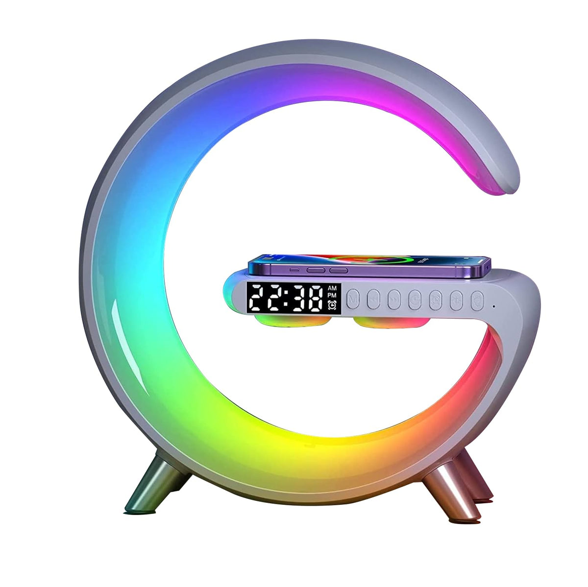 BKDRL Bluetooth Speaker Lamp with Wireless Charger, RGB Night Light, Alarm Clock, App Control - White