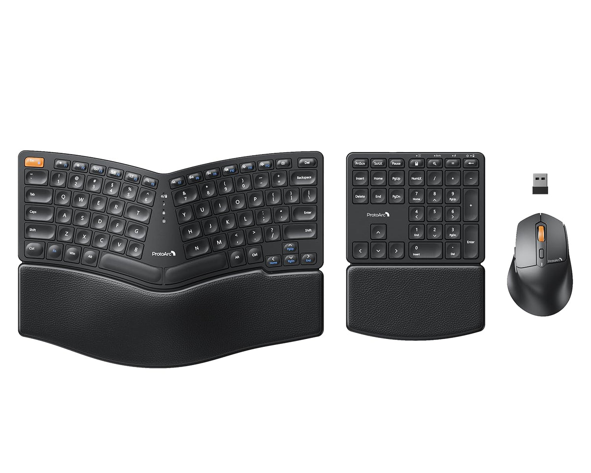 ProtoArc Ergonomic Keyboard Mouse, EKM04 2.4GHz USB Wireless Ergo Keyboard Mouse Combo with Separate Numeric Keypad, Split Design, Hard Wrist Rest, Rechargeable, for Windows Desktop/PC/Laptop