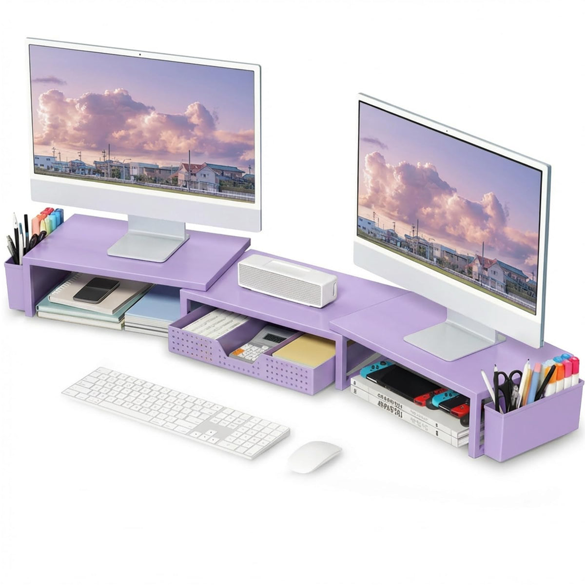 OPNICE Desk Organizers and Accessories, Dual Computer Monitor Stand Riser with Drawer and 2 Pen Holders, Office Desk Accessories, Workspace Desktop Organization for Office Supplies (Purple Metal )