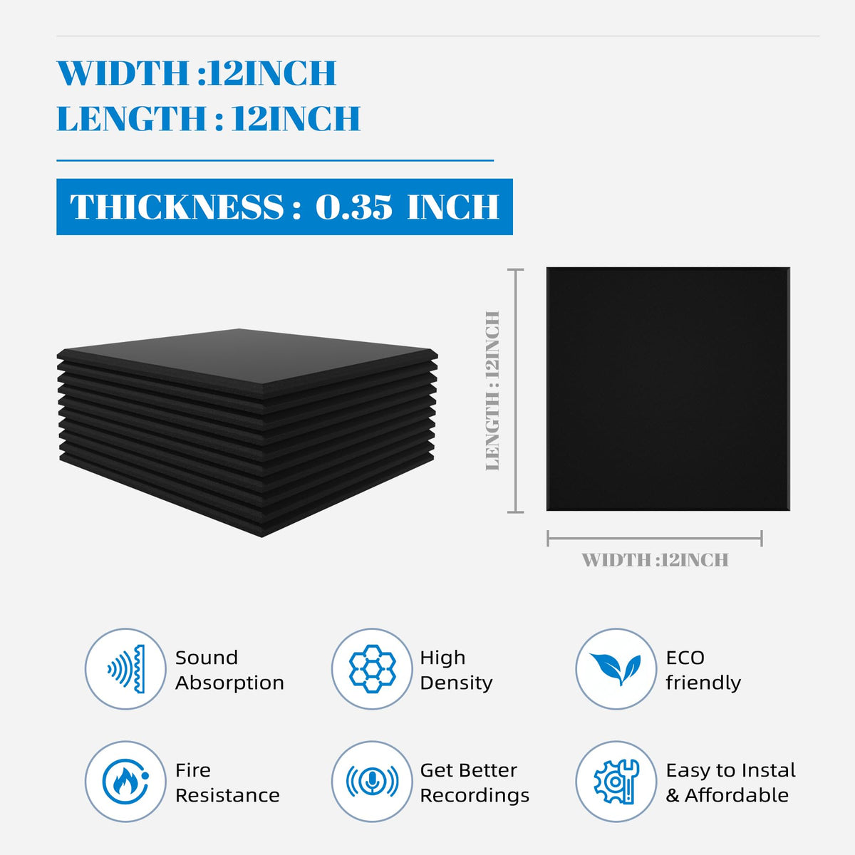 15 Pack Self-Adhesive Sound Proof Foam Panels for Walls, Acoustic Panels 12" x 12" x 0.35" High Density Sound Absorbing Tiles for Home Studio, Office, Gaming Room & Theater