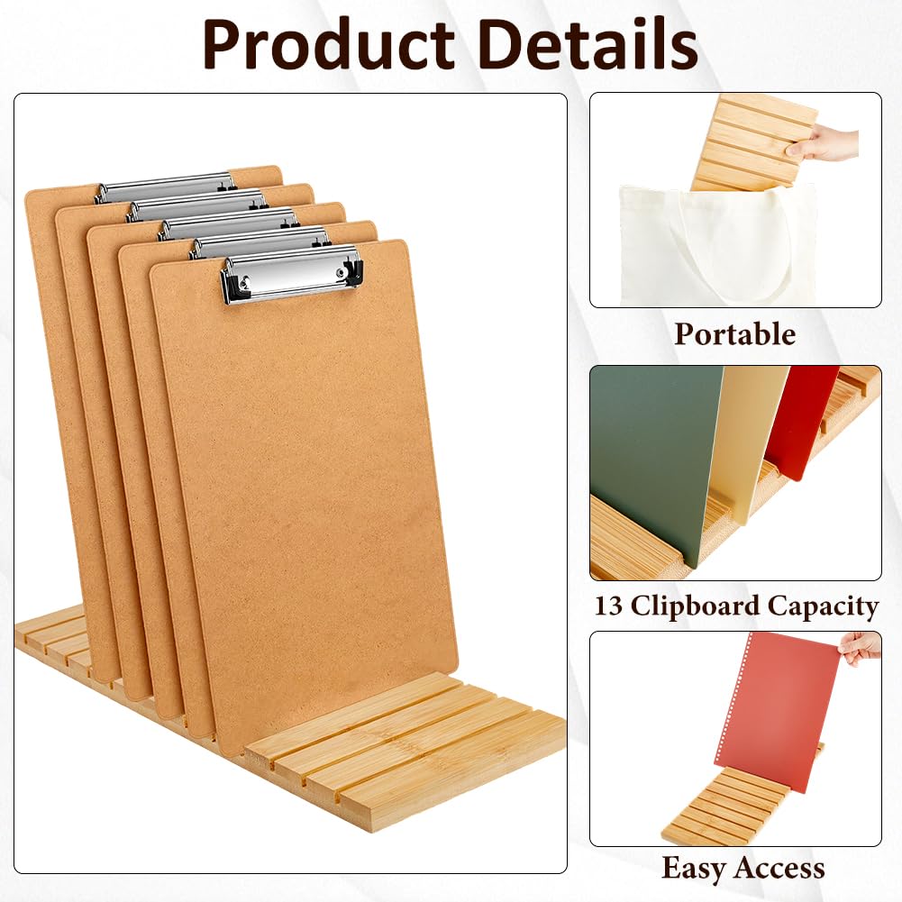 DICOSMETIC 41.5x15cm Bamboo Clipboard Holder 13 Slots Wooden Clipboard Organizer Menu Display Receipt Holder Document Typing Paper Stand for Restaurant Office School