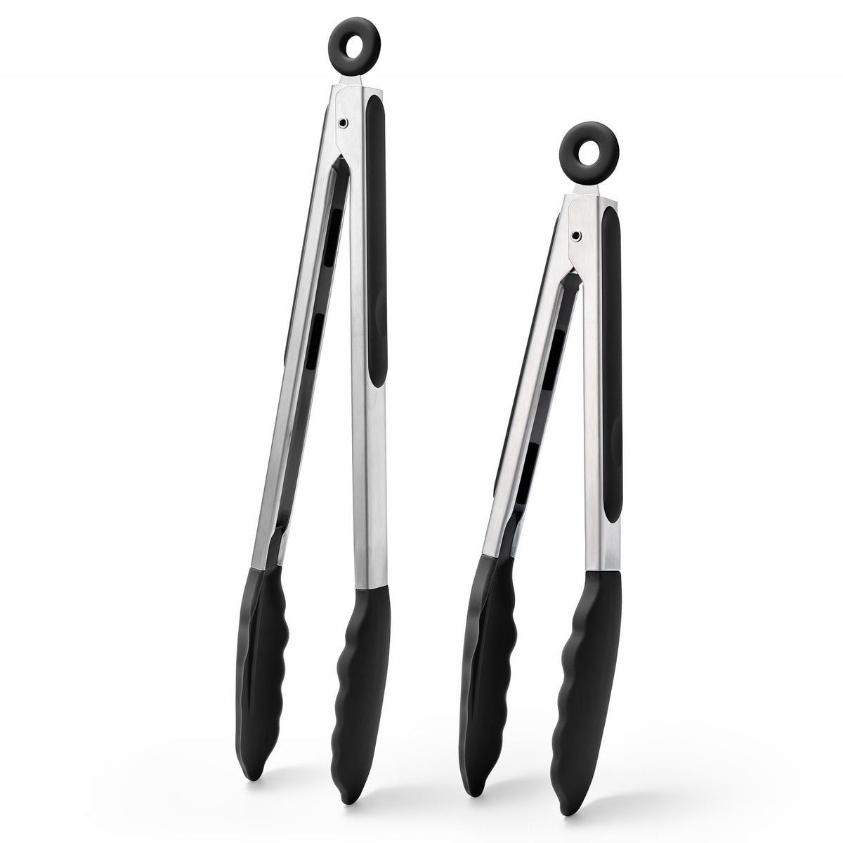 Doosu Kitchen Tongs for Cooking - 600°F Heat Resistant Food Tong Set with Non-Scratch Silicone Tips, Heavy Duty Stainless Steel Locking Tong for BBQ, Grilling Steak, Serving Salad (9+12in, Black)