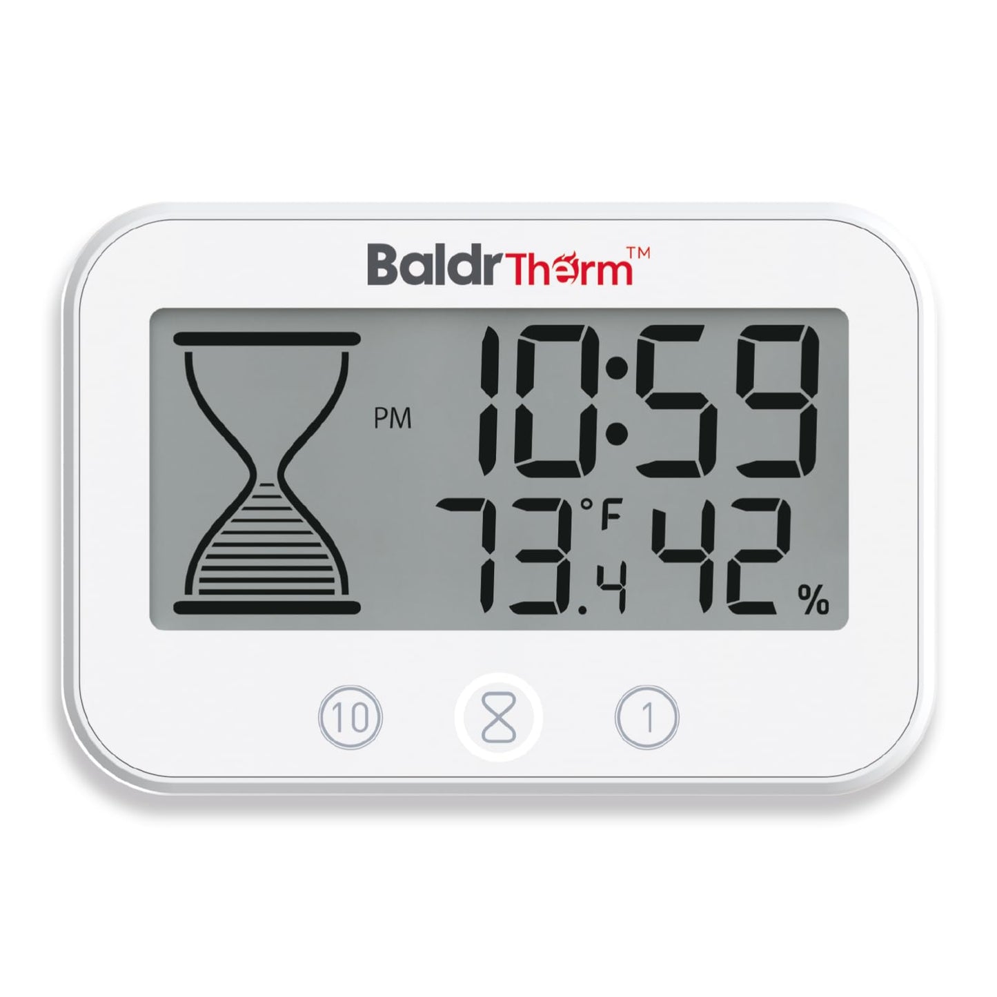 Baldrtherm Digital Timer, Works as a Countdown Timer, Real-time Clock, Hygrometer Thermometer. IP67 Waterproof Safe for Kitchen Bathroom Use. (White)