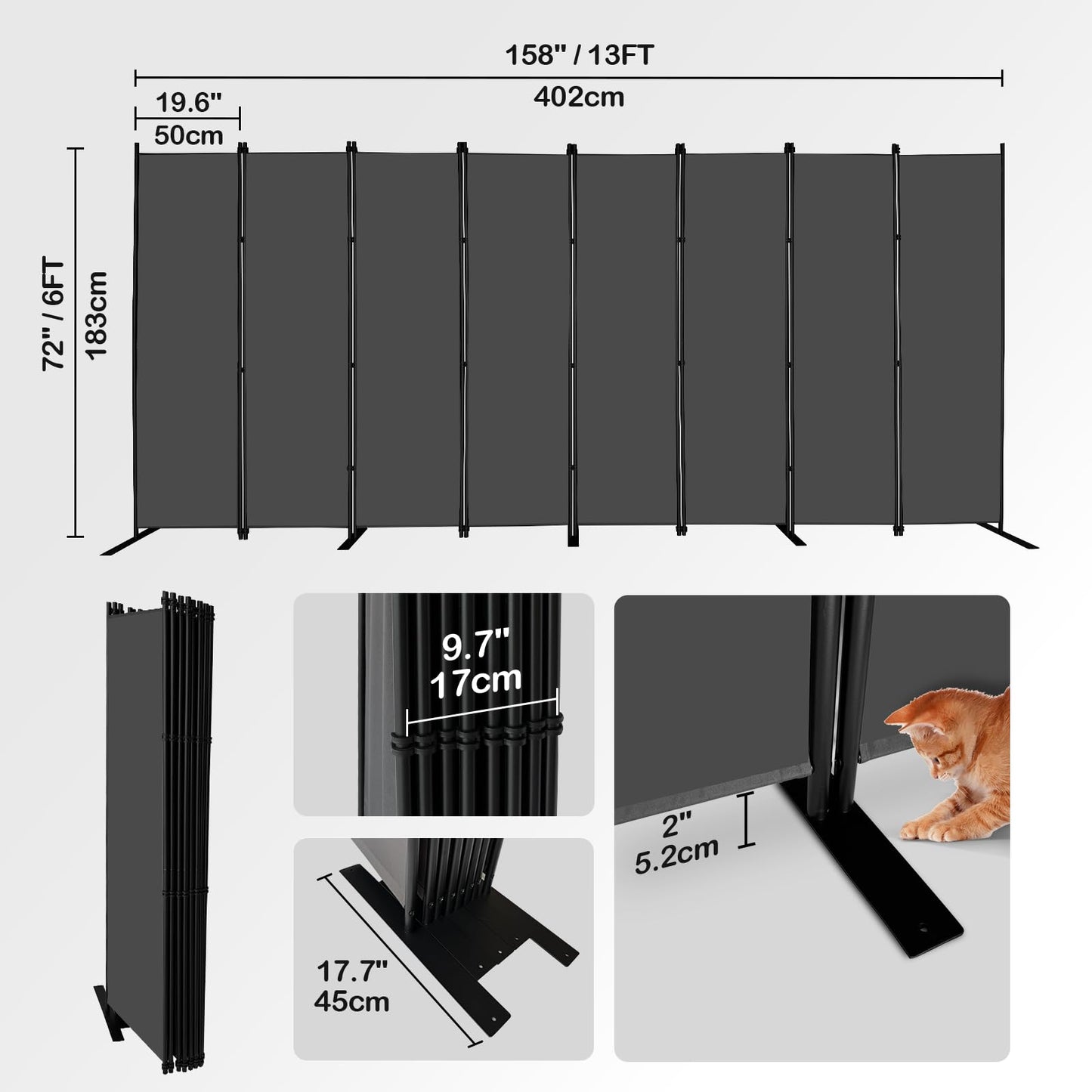 MAYOLIAH 8 Panel Room Divider 6ft Tall Freestanding Privacy Screen 160'' W Portable Office Partition, Grey