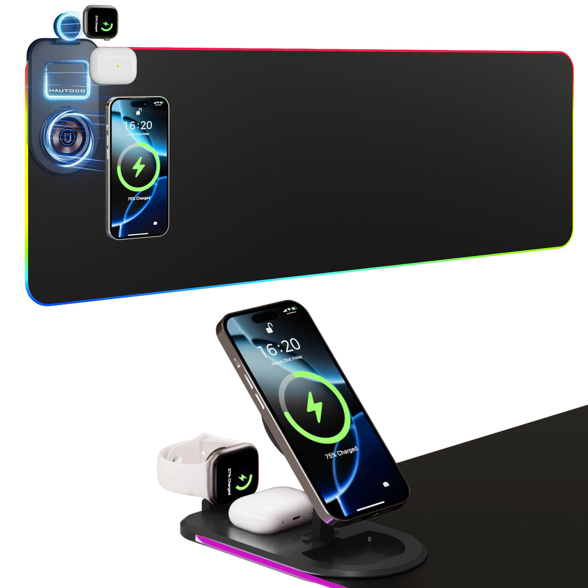 HAUTOCO Wireless Charging Mouse Pad 15W RGB Gaming Mousepad Waterproof Desk Mat with Phone Holder 35.4''x11.8'' Extra Large Desk Pad Non-Slip Base Computer Keyboard Mat for PC Laptop, Black