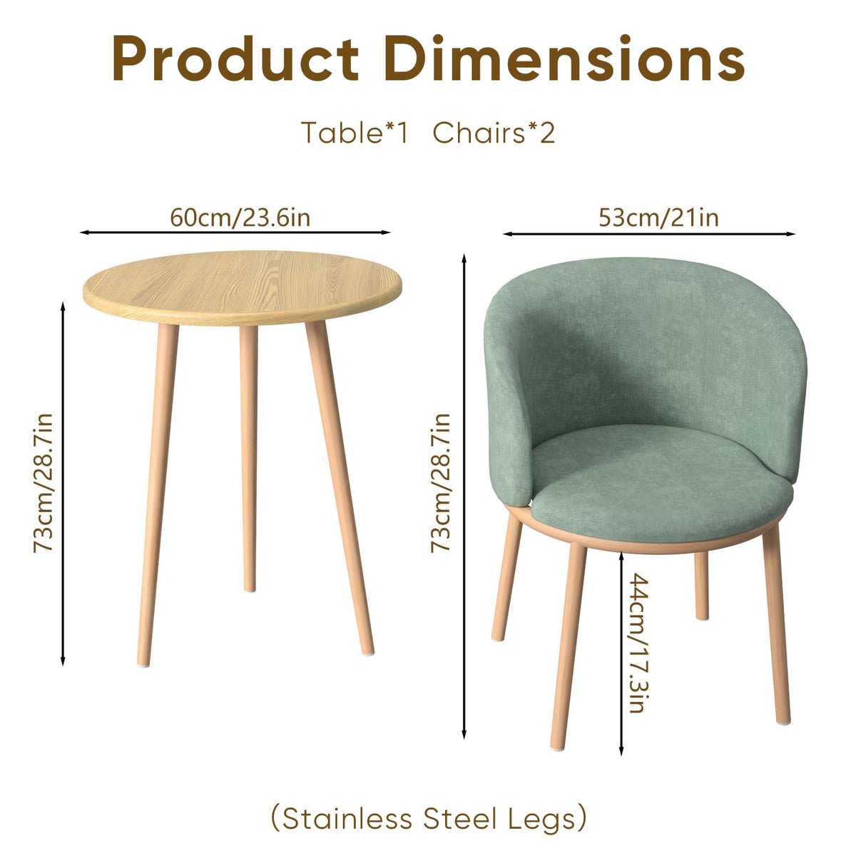 Bloomliving Round Dining Table Set, Upholstered Fabric Chairs with Padded Seat for 2, Modern Nordic Furniture with Sturdy Stainless Steel Legs, Easy to Assemble for Home Office Bistro (Green)