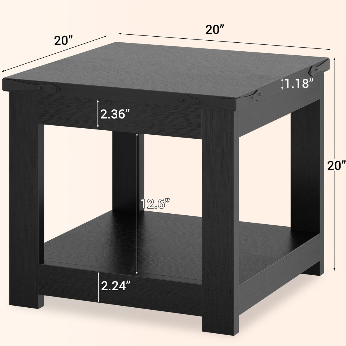 Homieasy Black End Table, 20x20 Inch Square Side Table for Living Room, Large Wood Accent Table with Storage Shelf, Modern Farmhouse Nightstand Bedside Table, Black