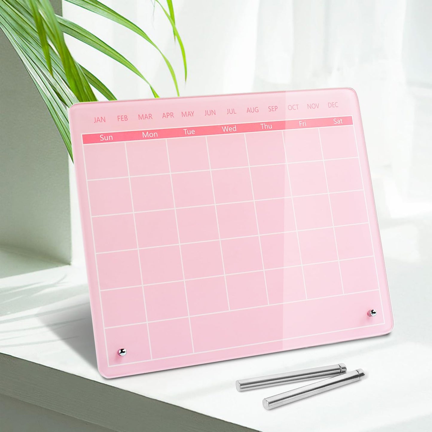 Marribol Calendar Dry Erase Board,12"X10",Acrylic Desk Calendar with Stand,Pink Dry Erase Board for Home Office School