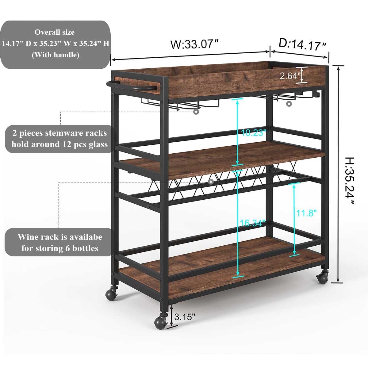 BON AUGURE Bar Cart for The Home, Rolling Home Bar Serving Cart on Wheels, 3 Tier Liquor Beverage Carts with Wine Rack and Glass Holder (Rustic Oak)