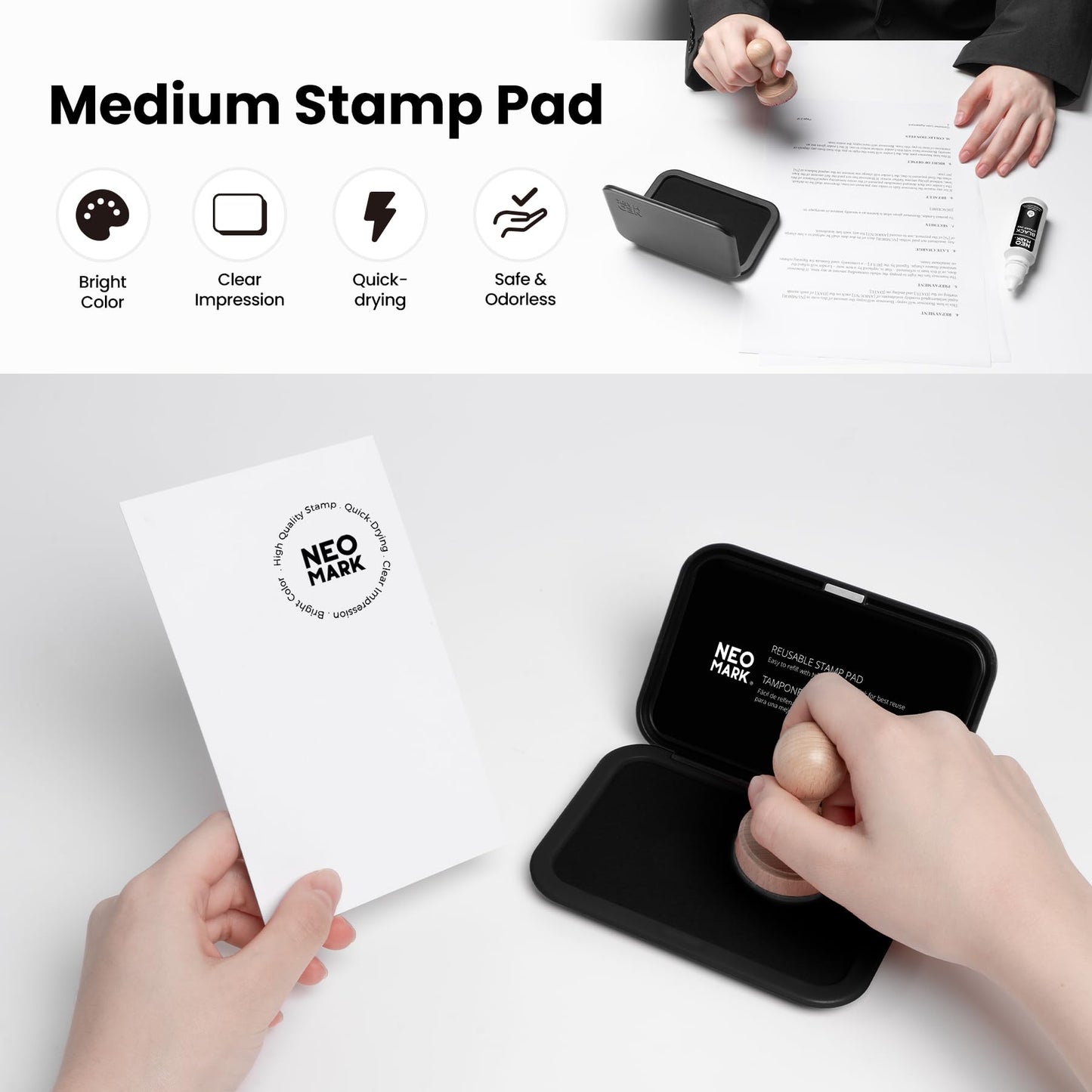 NEO MARK Medium Stamp Pad Kit (1oz Ink Included)-2.8"x 4.4", Magnetic Lid, Premium Quality Felt Stamp Pad (Black)