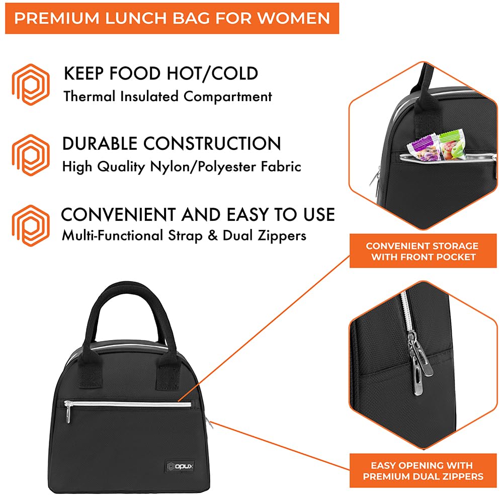 opux Insulated Lunch Box for Women, Reusable Lunch Bag Tote for Work, Girls, School, Soft Cooler Cute Lunchbox Thermal Meal Prep Organizer, Black