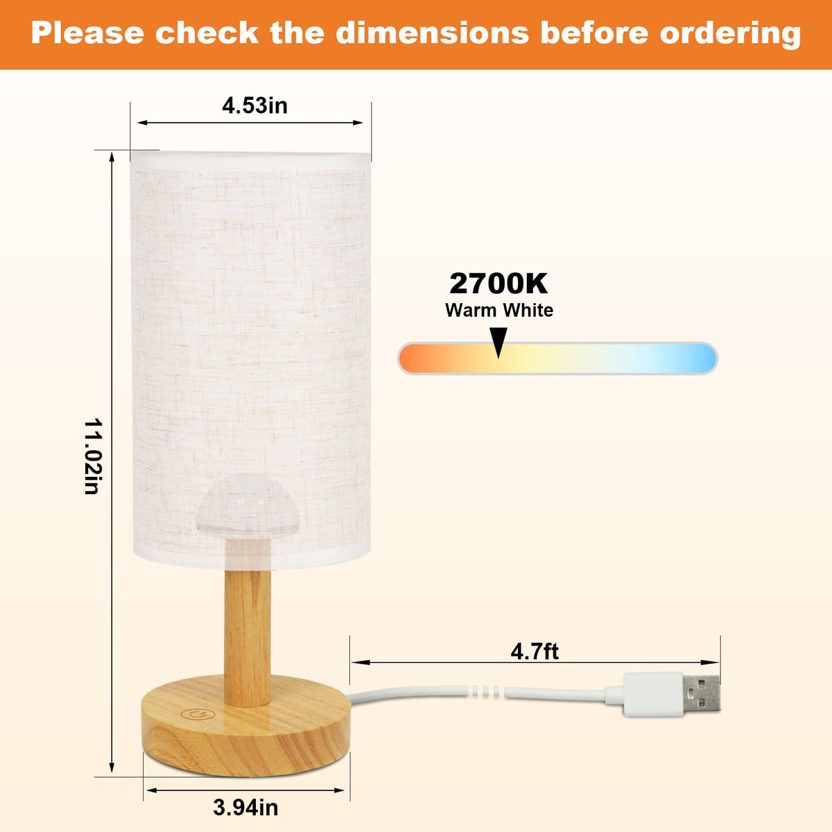 Small Touch Table Lamp with Stepless Dimming&USB Plug,Natural Round Wood Base&Linen Fabric Shade |Soft Ambient Warm Night Light|Minimalist Boho Bedside Lamp for Bedroom,Nightstand,Nursery,Kitchen,Dorm