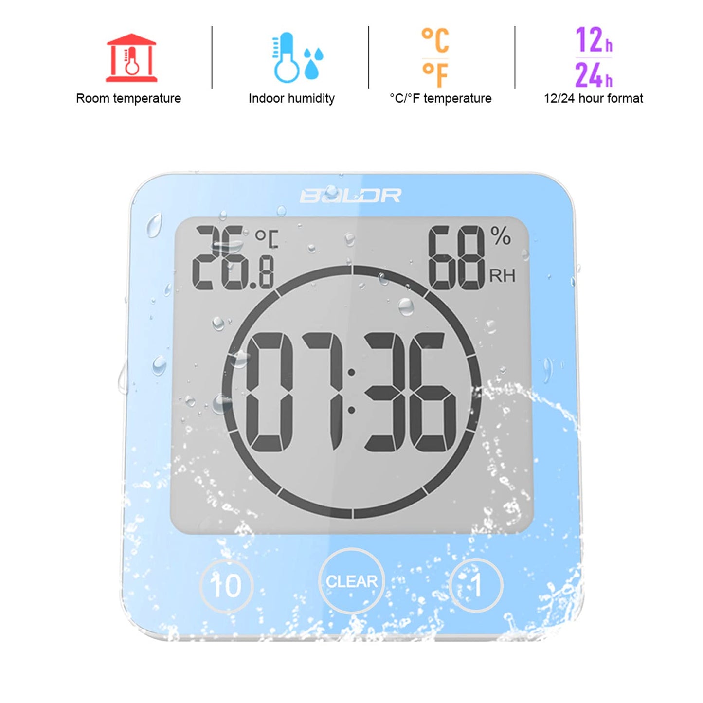 Digital Bathroom Shower Wall Clock Timer, LCD Digital Wall Clock with Suction Waterproof Temperature Humidity Gauge, Touch Screen Timer, Large Countdown Visual Timer Hanging Wall Clock