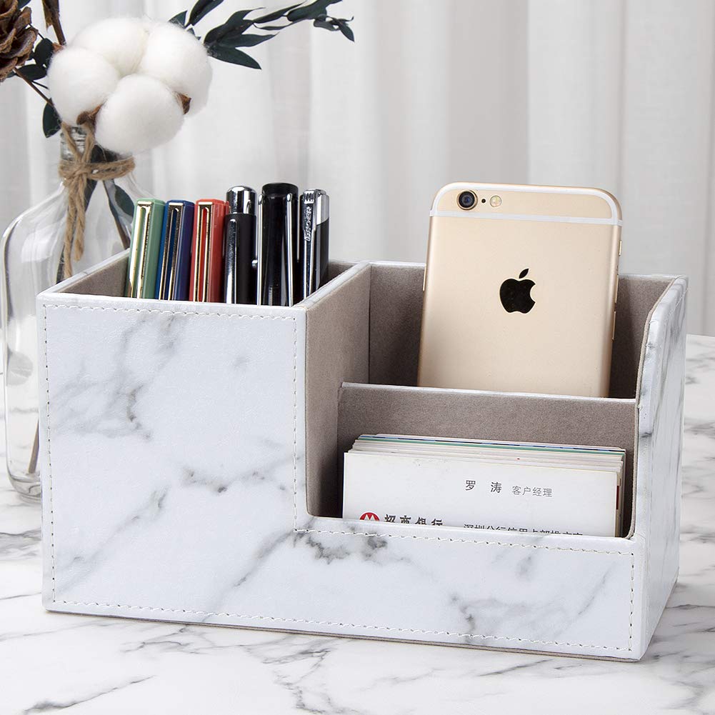 KINGFOM Desk Organizer Office Supplies Caddy Pu Leather Multi-function Storage Box Pen/Pencil,Cell phone, Business Name Cards Remote Control Holder Gray Marble