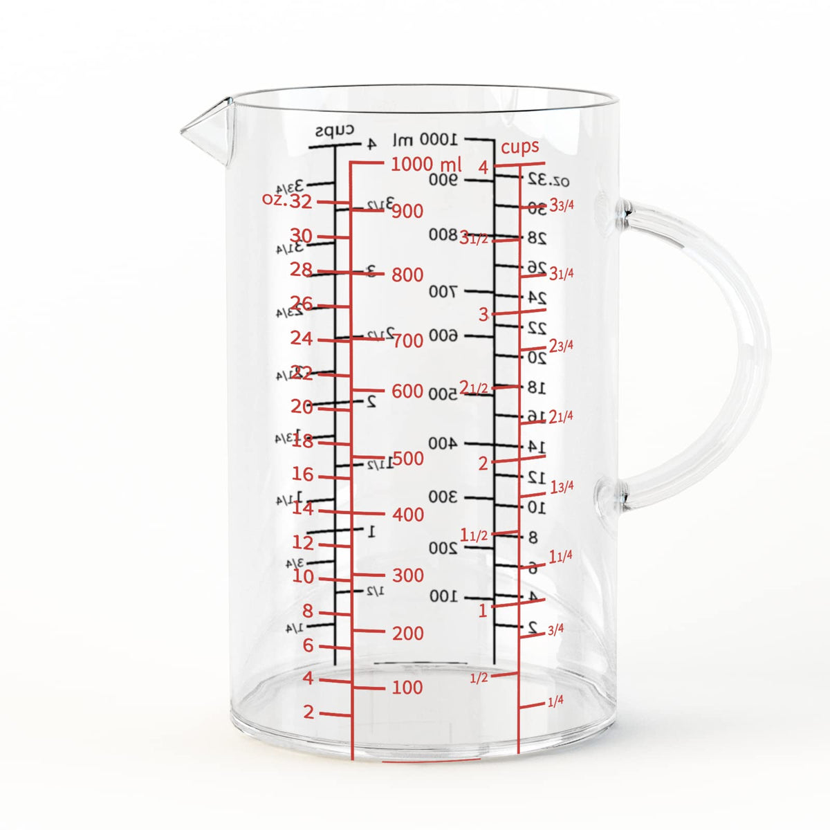 77L Glass Measuring Cup, [Double-Sided Measuring Scale, Insulated handle, V-Shaped Spout], High Borosilicate Glass Measuring Cup for Kitchen or Restaurant, Easy To Read, 1000 ML (1 Liter, 4 Cup)