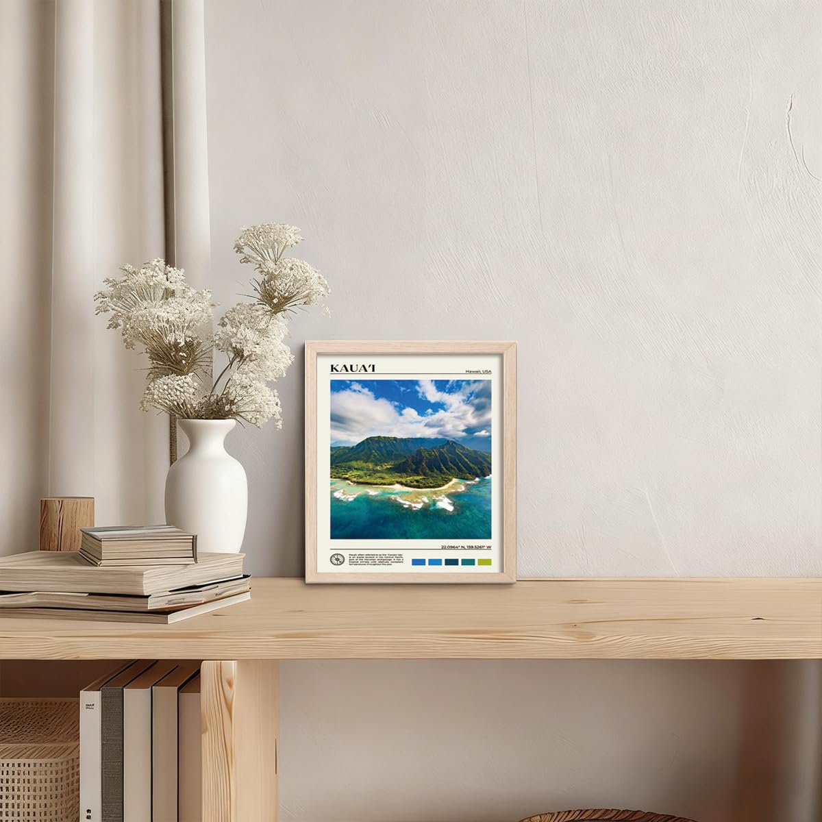 KISSFOX OAK Wood Framed Wall Art Kauai Wall Decor Hawaii Canvas Art Landscape Pictures Coastal Paintings Travel Posters Aesthetic Artwork For Bedroom Office Living room