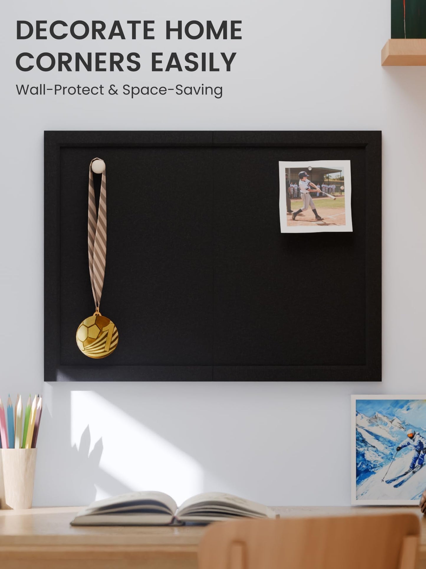 Fluxynara Foldable Cork Board Alternative, Felt Bulletin Board 24" x 18" Black Frame with 16 Adhesive Tabs, Pin Board for Home Office, Classroom, Entryway, Kitchen Wall Decor—Black