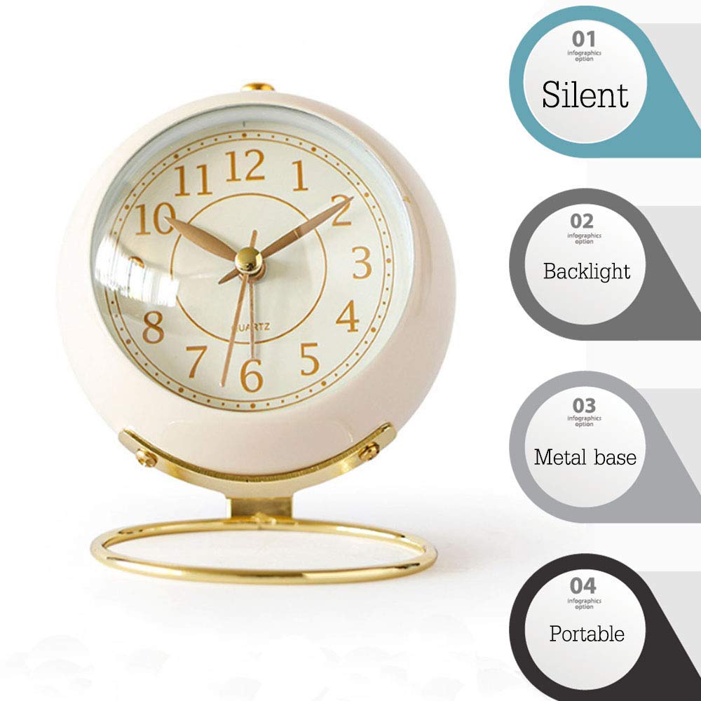 SHISEDECO Small Tableclocks Classic Non-Ticking Tabletop Alarm Clock with Backlight, Battery Operated Astronaut Deskclock with HD Glass for Living Room Bedroom Bedside Indoor Decor (White)
