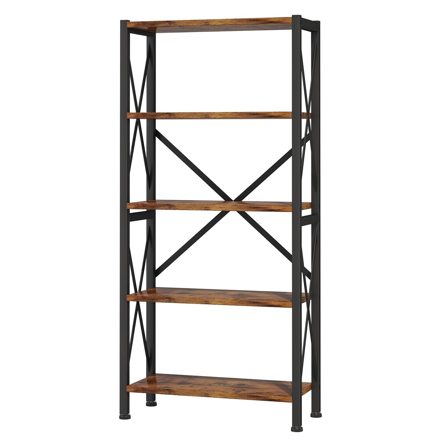 Homeiju 5-Tier Bookshelf,Wood Bookcase,Book Shelf with Steel Frame, Storage Rack with Open Shelves, Rustic Standing Bookshelves Ladder Shelf 110lbs/shelf for Bedroom,Living Room and Home Office