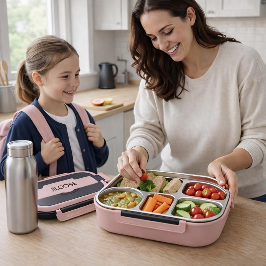 JILOOSE Stainless Steel Bento Box, Leak-Proof, BPA-Free, Dishwasher Safe, 4 Compartments Container School & Travel, Bento Lunch Box for Kids and Adults