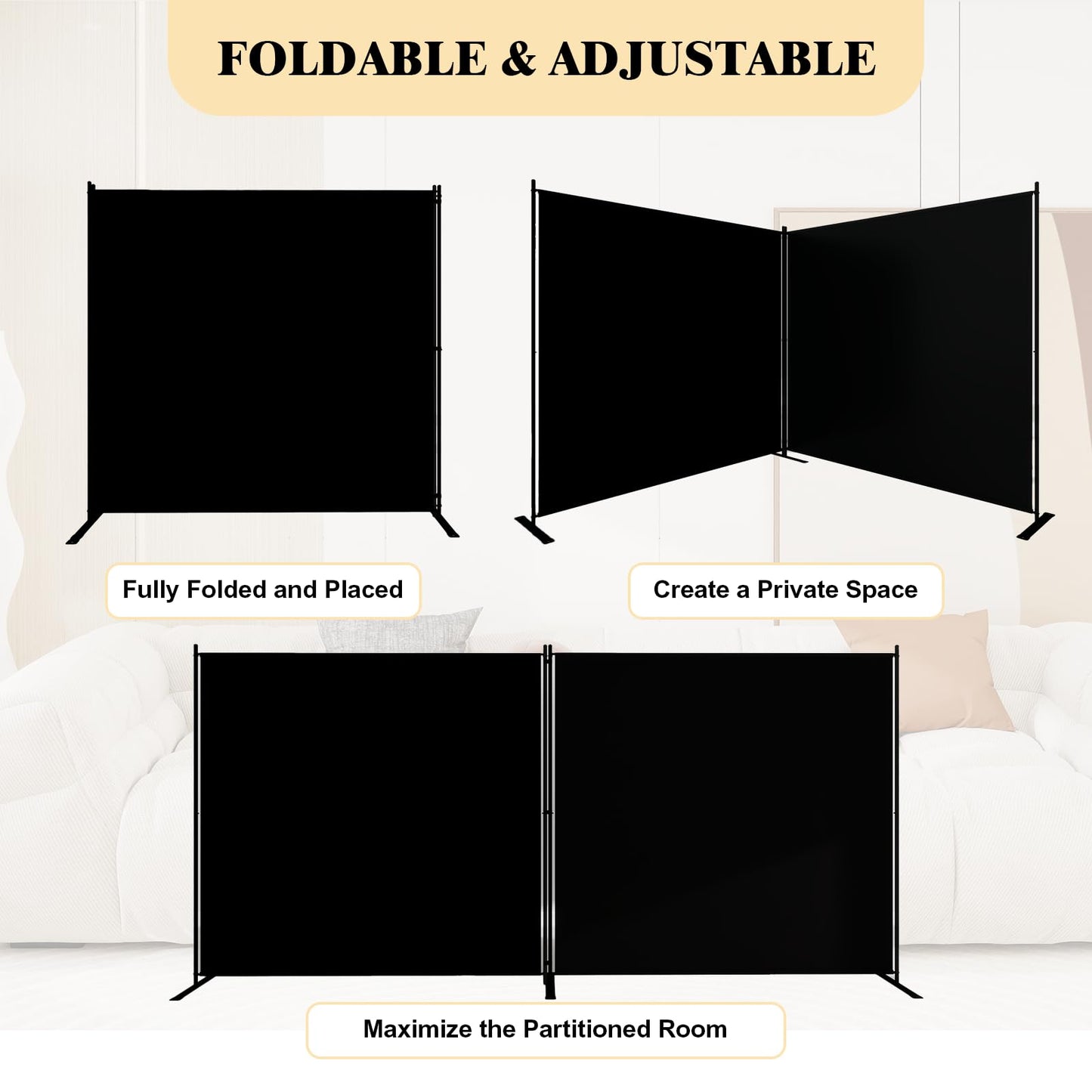 T&Jero 2-Panel Folding Room Divider, 6ft Tall Portable Privacy Screen Wall for Home and Office, Modern Freestanding Partition Separator for Bedroom, Studio, 142" Wide x 71" High, Black