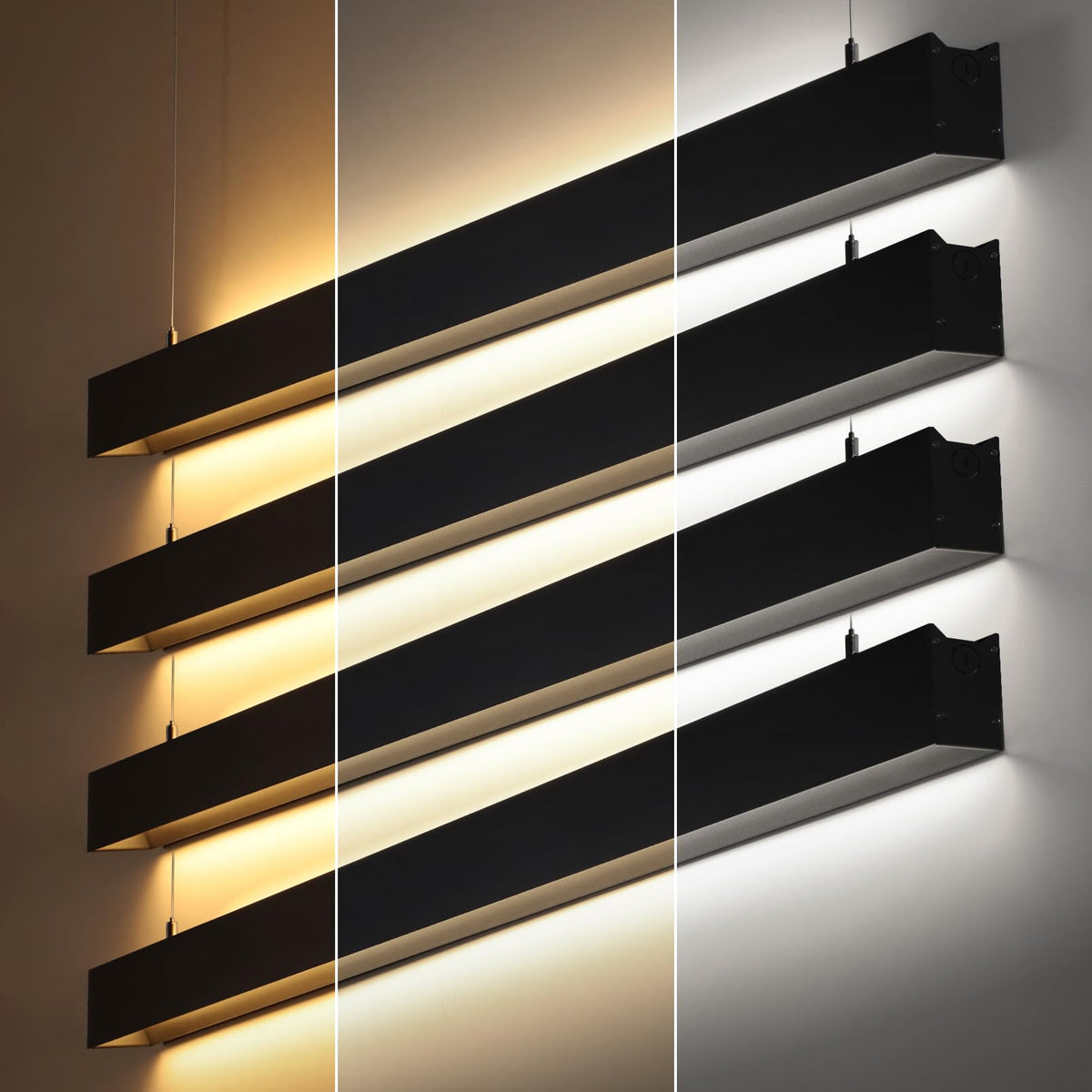 LEONLITE 4FT Linkable LED Linear Light, 3CCT 55W 3000K/4000K/5000K Selectable, UGR<19, ETL Listed Dimmable Architectural LED Suspension Office Lighting Fixture, Matte Black Aluminum Housing, Pack of 4