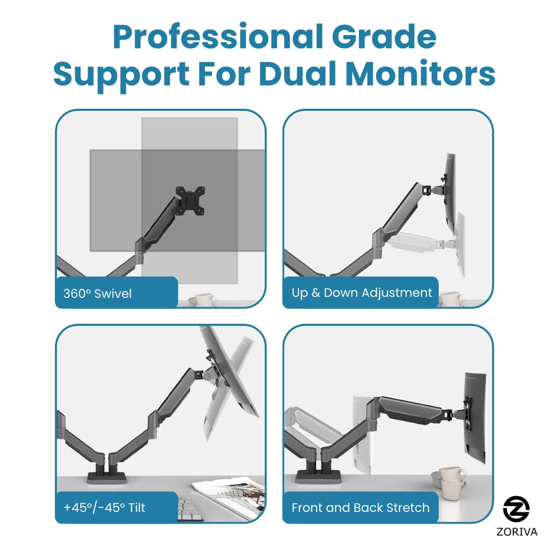 ZORIVA Dual Monitor Arm Full Motion Gas Spring Desk Mount for 13-34" Screens, Space-Saving VESA Stand for Gaming, Work, and Productivity