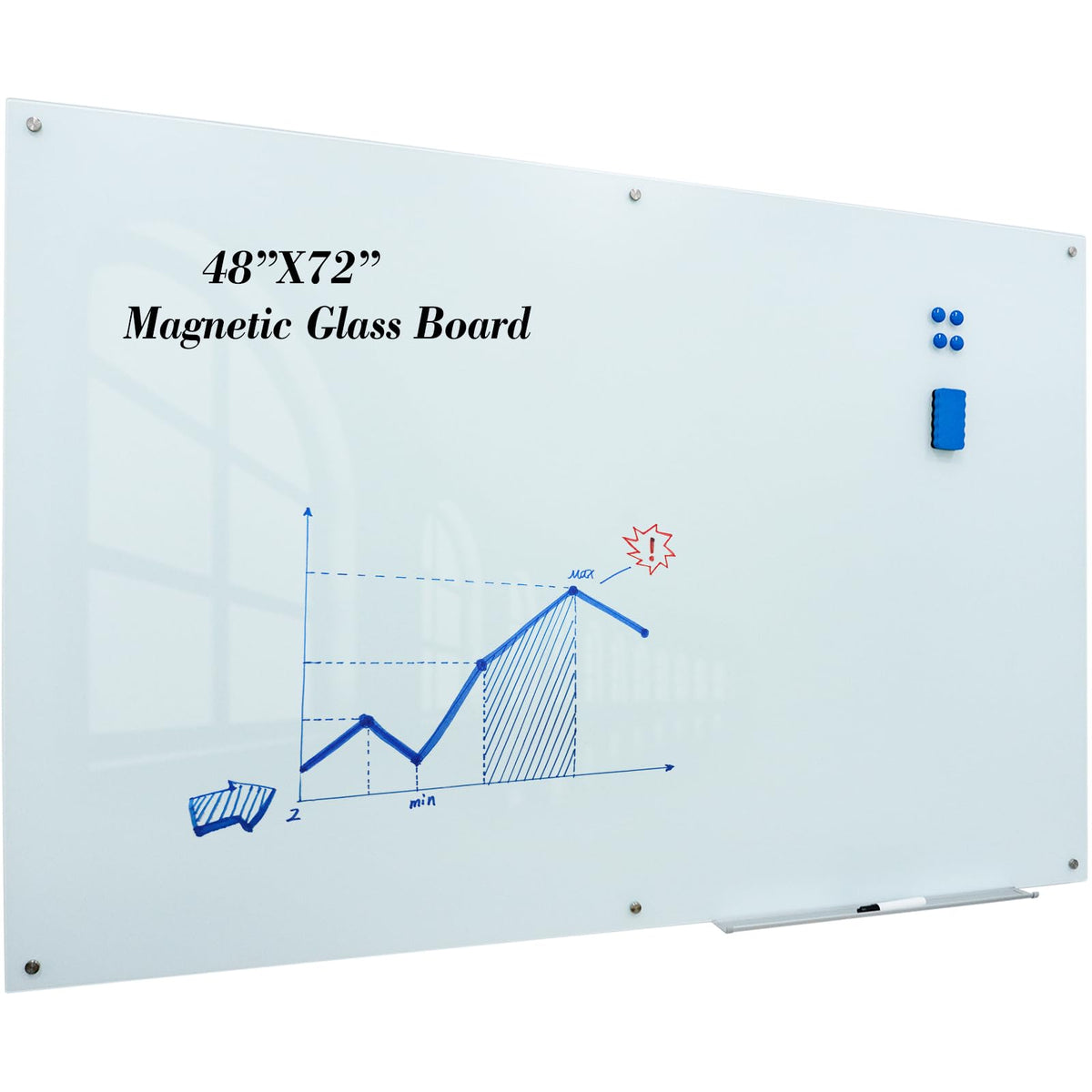 JYYPWB Magnetic Large Glass Board 72"x 48" Dry Erase Writing Board Premium Tempered Glassboard Frameless Message Board with Full Accessories Wall Mounted White Board