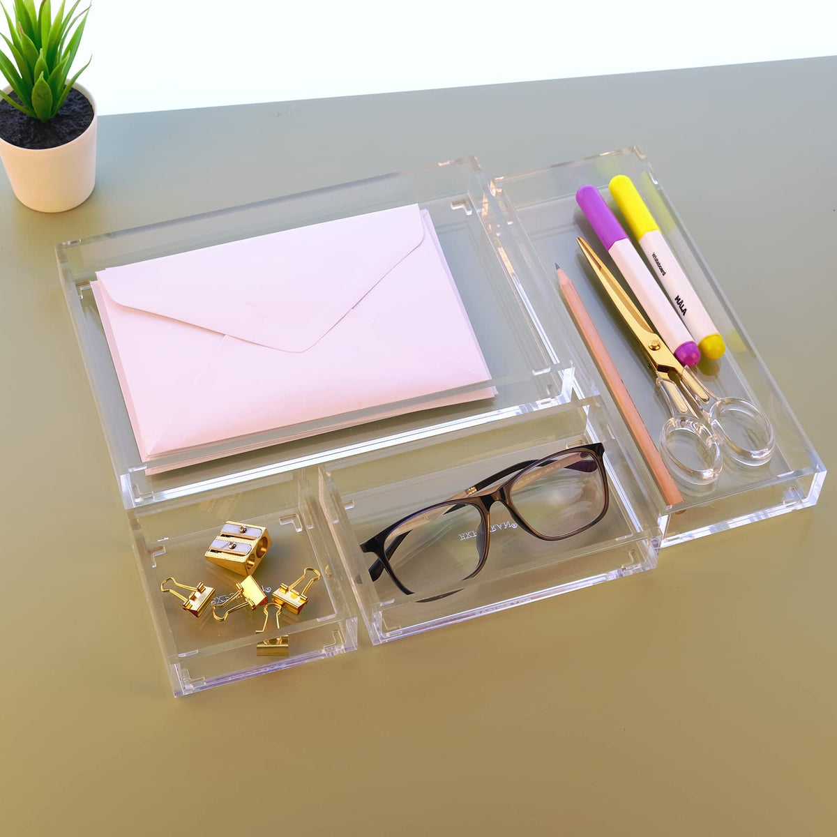 EXPUTRAN Clear Acrylic Desk Organizer for Office or Home Desk Drawer Dividers, Makeup Vanity Storage Bins, Stackable 4-Pack, Acrylic Accessory and Half Accessory Tray/Small Tray