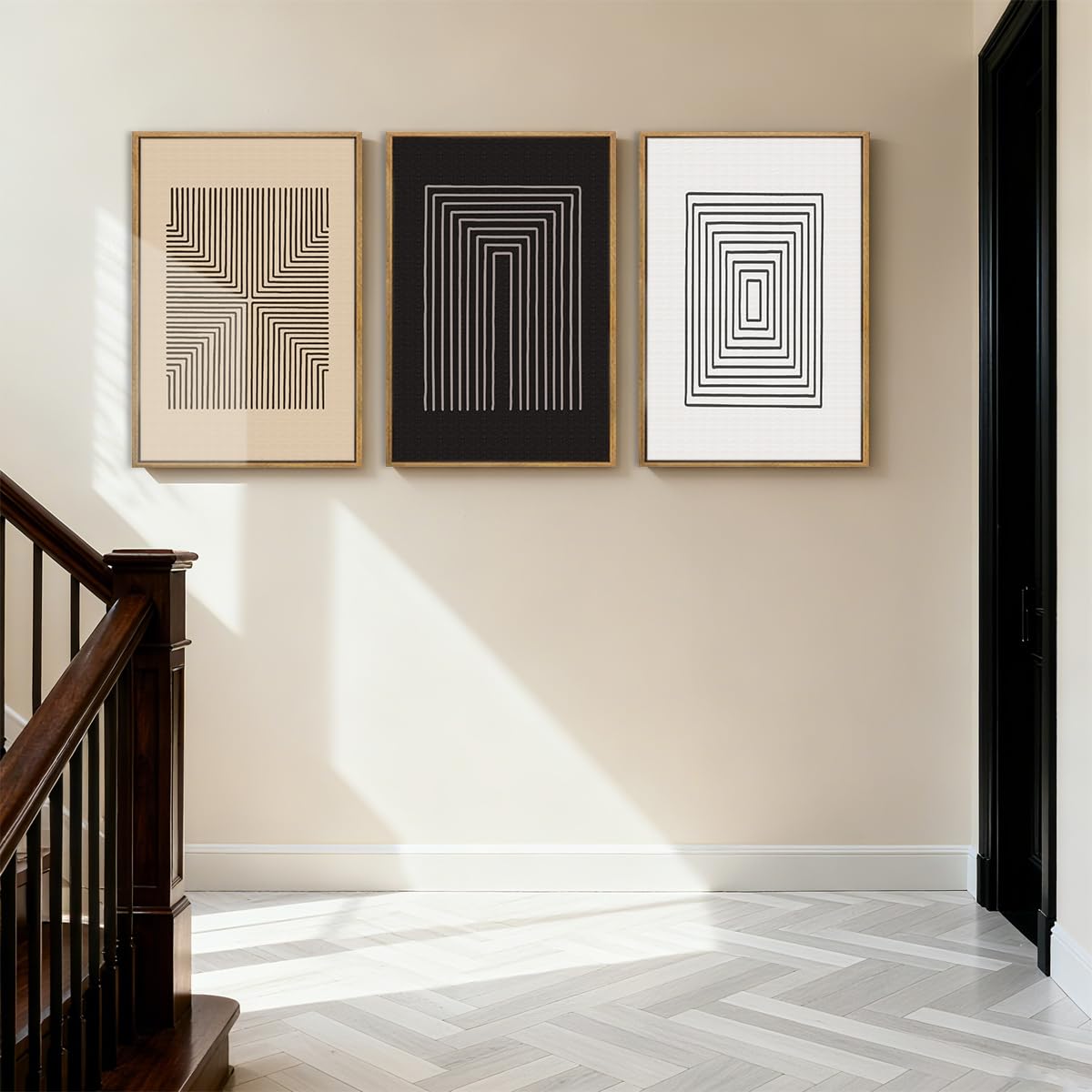 Anyzal Large Black Abstract Wall Art Framed16x24 Inch Brown and White Modern Minimalist Canvas Wall Decor Neutral Textured Art Prints for Living Room Bedroom Office Set of 3
