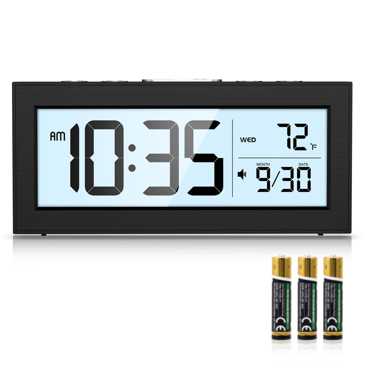 Bomivoi Battery Powered Digital Clock, LCD Digital Clock with Date & Temp Display, 5 Alarm Schedule, Snooze, 12/24 H, Auto Dimming, 5s Backlight, Small Alarm Clocks for Bedroom, Office, Travel