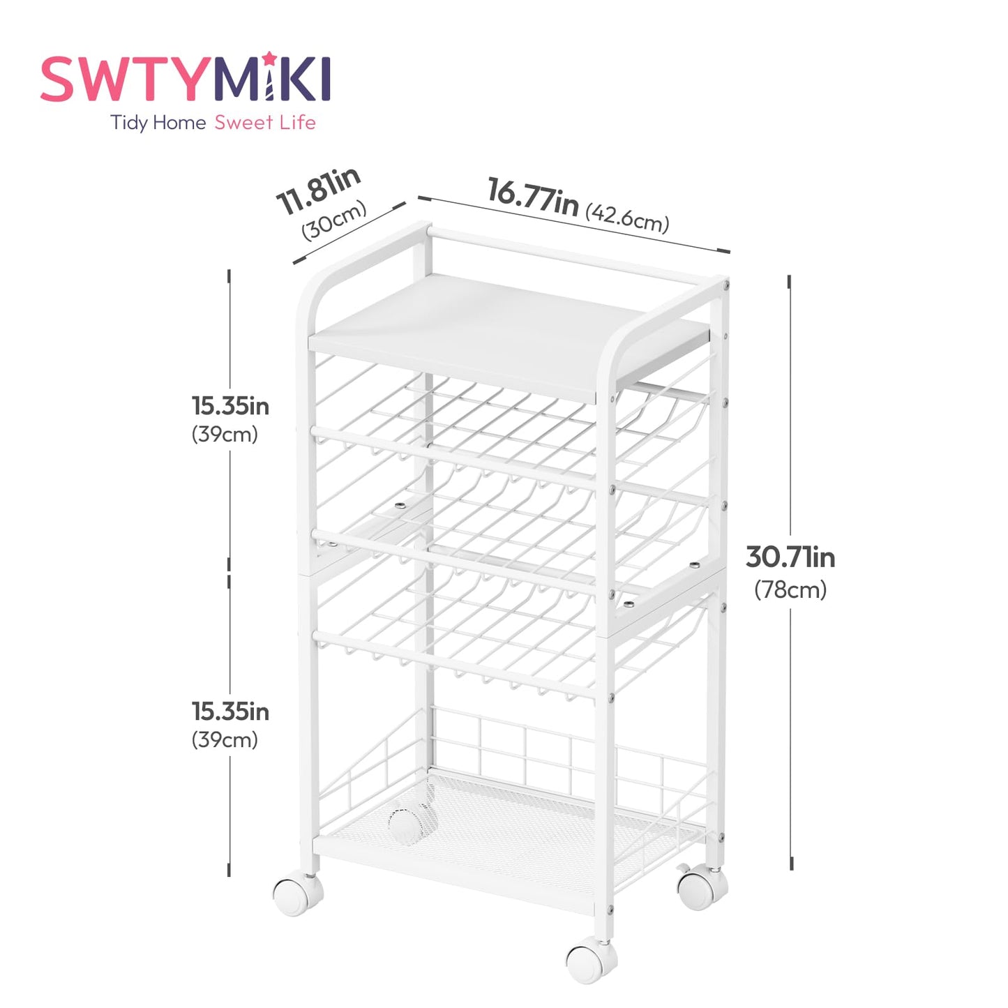 SWTYMIKI Can Organizer for Pantry - Stackable Rolling Snack Cart, Soda Can Organizer, Multi-Functional Shelf with Adjustable Wheels for Kitchen, Office, Living Room, White
