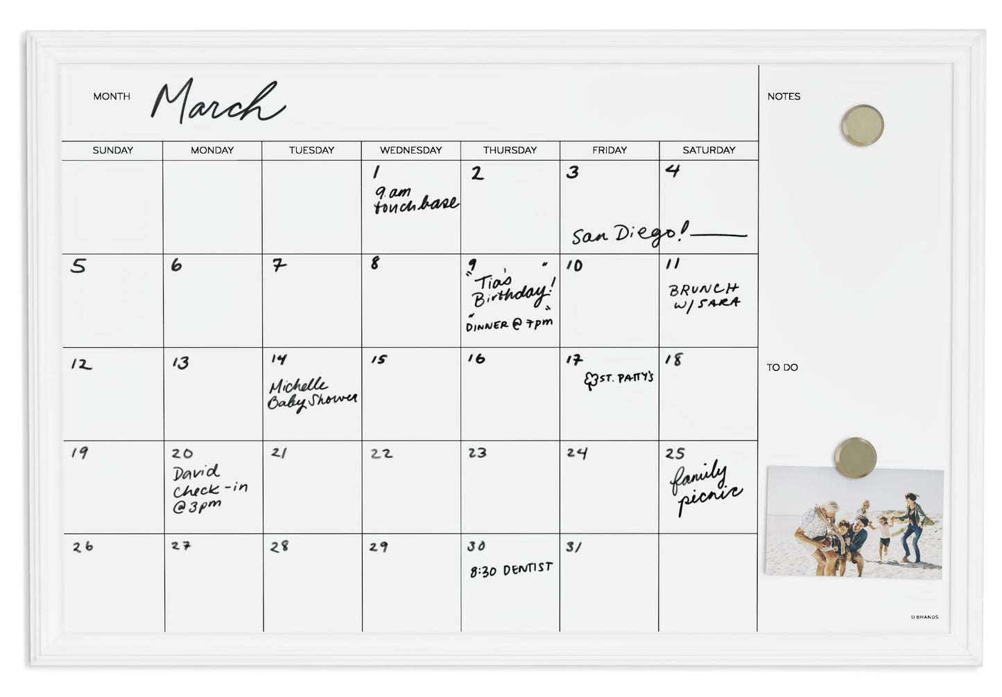 U Brands Magnetic Dry Erase Calendar White Board, 30" x 20", White Wood Style Frame, Includes Magnets
